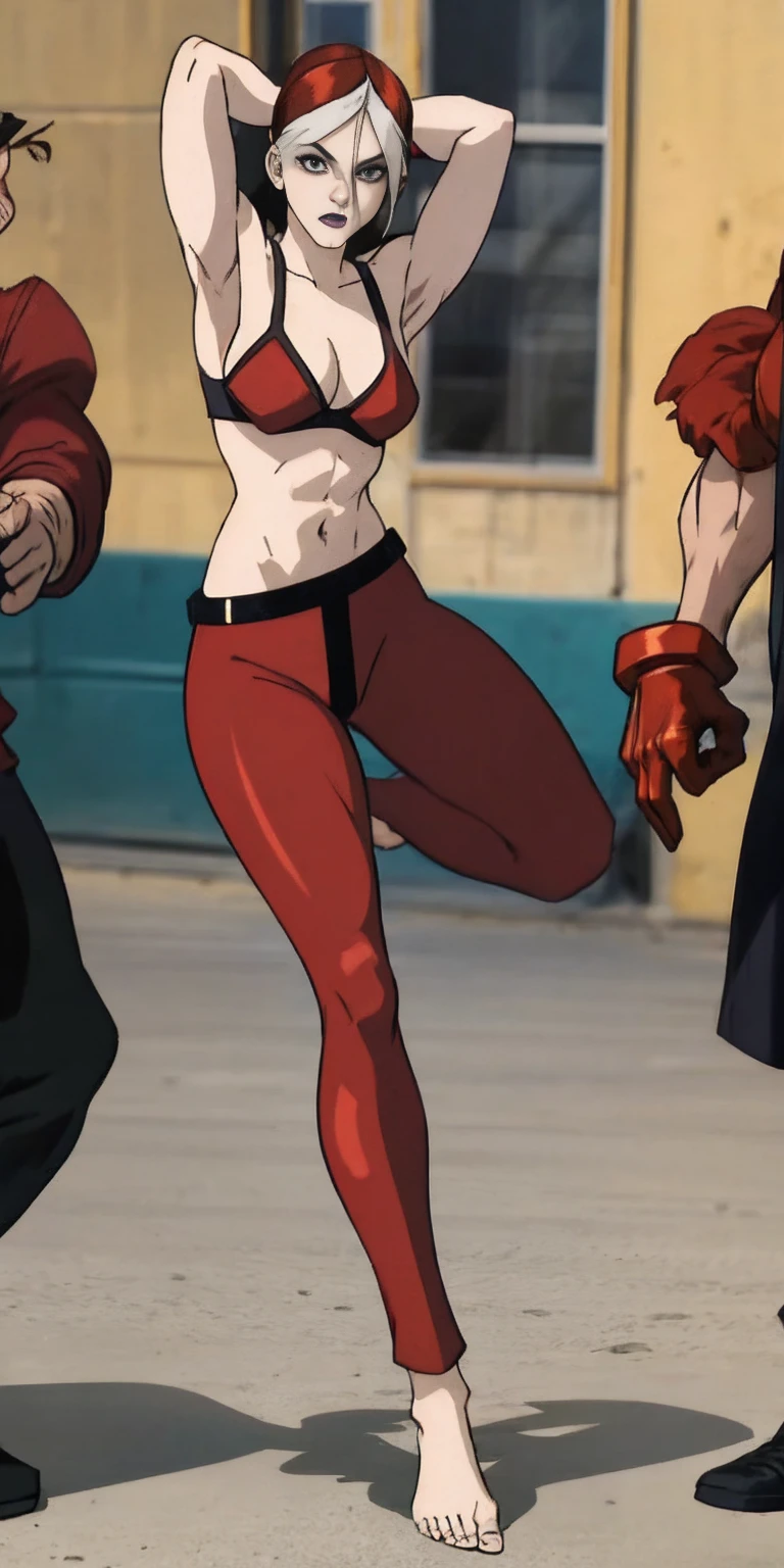 1sologirlRogue looking to viewer, wearing red bikini outfit, full body toe to head, barefeet, tiara, muscle tone body, navel, ARMS UP showing shaved armpits, short hair, red gloves gauntles like Cammy White from Street Fighter