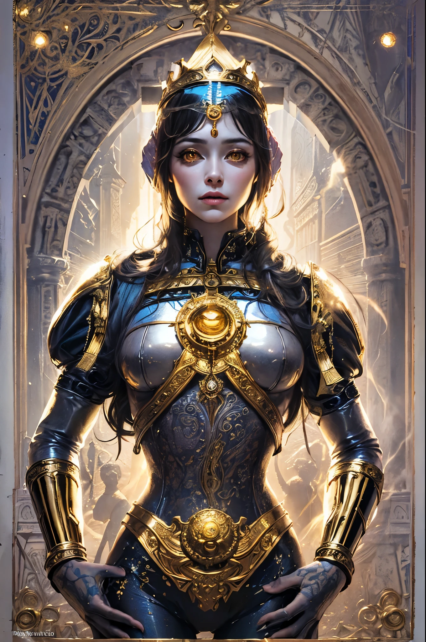 beautiful goddess isis, egyptian goddess, alphonse mucha style, detailed crown, queenie gesture, ornate headdress, flowing robes, golden skin, piercing eyes, intricate details, ethereal lighting, dreamlike atmosphere, vibrant colors, dramatic pose, masterpiece, 8k, ultra-detailed, photorealistic, cinematic, glowing aura