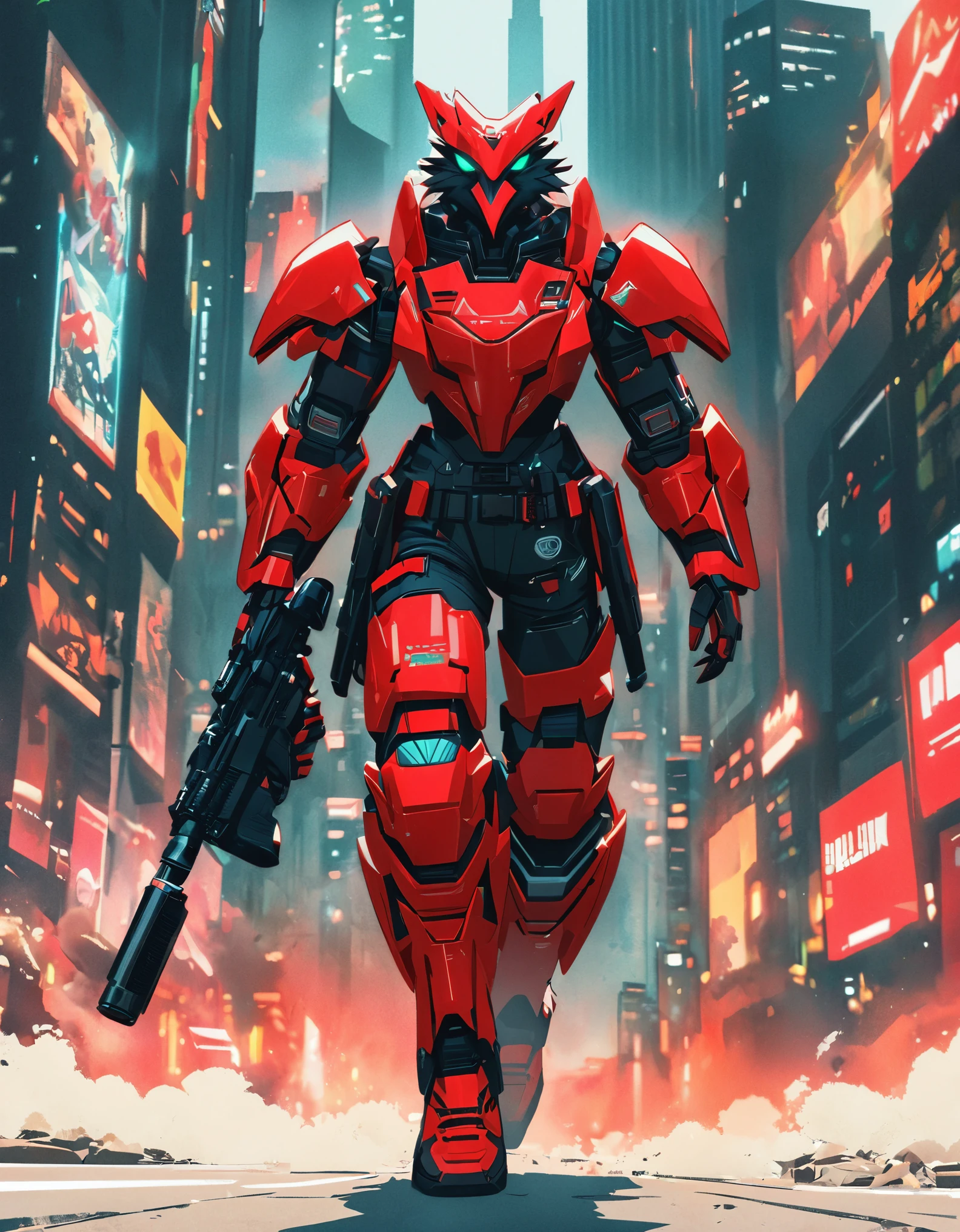 masterpiece, best quality, high res, solo, solo focus, scoundrel, male focus, half-falcon humanoid, (falcon's head), there is a man in a red suit holding a gun, (dl44blstr), jett from valorant, badass anime 8 k, Inspired by Ryusei Kishida, falco lombardi from starfox, crow in cyber armour, akira art style, red uniform, crimson attire, tactical radio, red bird, akira style illustration, red armor, akira artstyle, Los Angeles backdrop, cyberpunk atmosphere. full body with costume