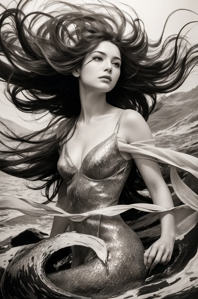 (best quality,ultra-detailed,realistic,ink drawing:1.2),wind-blown hair,woman,((Ashley Wood style)),female figure,expressive eyes,gently flowing dress,graceful pose,subtle shading,striking composition,dynamic lines,vibrant ink strokes,contrasting light and shadow,intricate details,artistic flair,monochrome palette,emotionally charged,subdued background,fine art quality,mesmerizing beauty,hint of mystery,atmospheric ambiance,whimsical elements,depth and texture,ethereal aura,sophisticated elegance,impeccable craftsmanship,skillful ink work,thought-provoking,imagination-stirring,unforgettable impression,ink on paper effect,organic and fluid,unique visual style,touched by artistic genius,intense and captivating,classic yet contemporary,visually stunning composition best quality,4k,8k,highres,masterpiece:1.2,ultra-detailed,photorealistic,advertising poster,mermaid,storm,monochromatic,harrowing,contrasting colors,dynamic lighting,water reflections,striking composition,dramatic atmosphere,mysterious concept