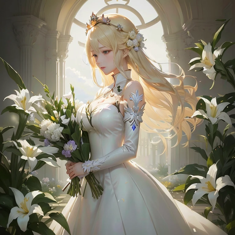 anime girl in a white dress holding a bouquet of flowers, guweiz on pixiv artstation, blonde - haired princess, anime key visual of elegant, guweiz on artstation pixiv, cushart krenz key art feminine, queen of flowers, violet evergarden, ((a beautiful fantasy empress)), guweiz masterpiece, guweiz