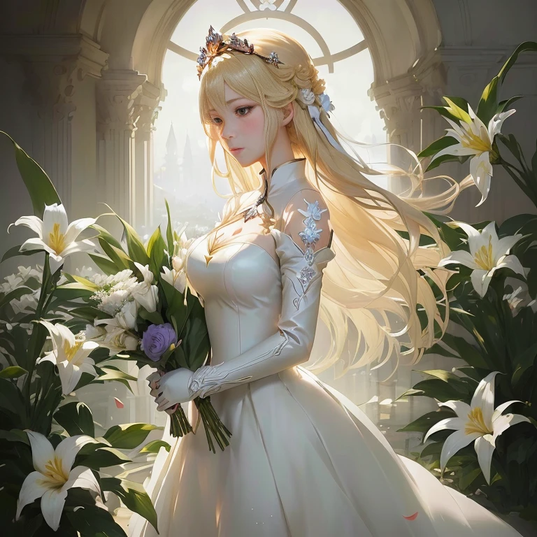 anime girl in a white dress holding a bouquet of flowers, guweiz on pixiv artstation, blonde - haired princess, anime key visual of elegant, guweiz on artstation pixiv, cushart krenz key art feminine, queen of flowers, violet evergarden, ((a beautiful fantasy empress)), guweiz masterpiece, guweiz