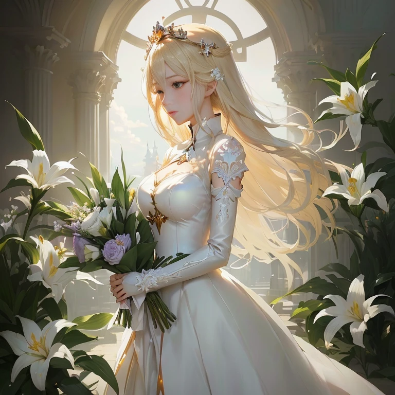 anime girl in a white dress holding a bouquet of flowers, guweiz on pixiv artstation, blonde - haired princess, anime key visual of elegant, guweiz on artstation pixiv, cushart krenz key art feminine, queen of flowers, violet evergarden, ((a beautiful fantasy empress)), guweiz masterpiece, guweiz