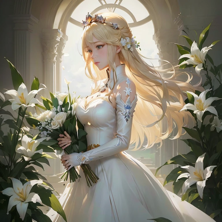 anime girl in a white dress holding a bouquet of flowers, guweiz on pixiv artstation, blonde - haired princess, anime key visual of elegant, guweiz on artstation pixiv, cushart krenz key art feminine, queen of flowers, violet evergarden, ((a beautiful fantasy empress)), guweiz masterpiece, guweiz