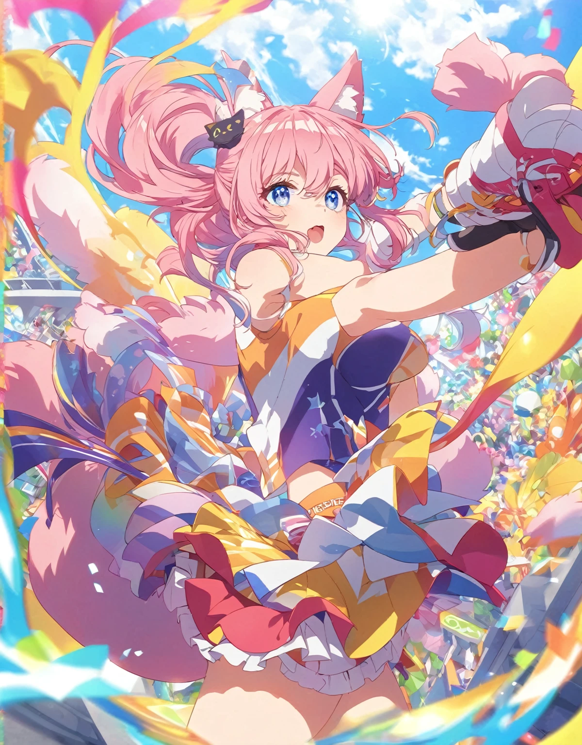 a cheerful 22 years old nekogirl in an anime style scenery, detailed beautiful face and eyes, fluffy fox tail, cat ears, wearing a cheerleader outfit, dynamic pose, vibrant colors. you must love her. 
Entire figure art 