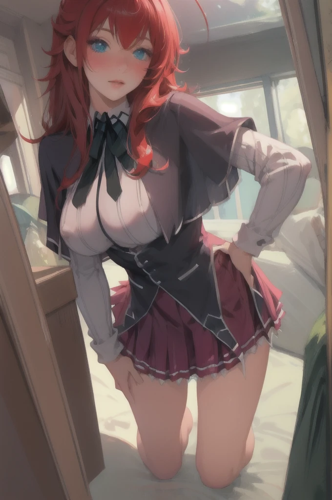 masterpiece, best quality, high quality, highres, outdoors, day, upper body, looking at viewer, solo, focused, BREAK, ANIME_DxD_Rias_Gremory_ownwaifu, 1girl, bangs, long hair, red hair, breasts, large breasts, rias gremory, blue eyes, hair between eyes, very long hair, collarbone, hair intakes, hair over breasts, black capelet, black corset, collared shirt, kuoh academy , layered skirt, underbust, , skirt, shirt, long sleeves, purple skirt, ribbon, miniskirt, neck ribbon, thighhighs, black ribbon,
