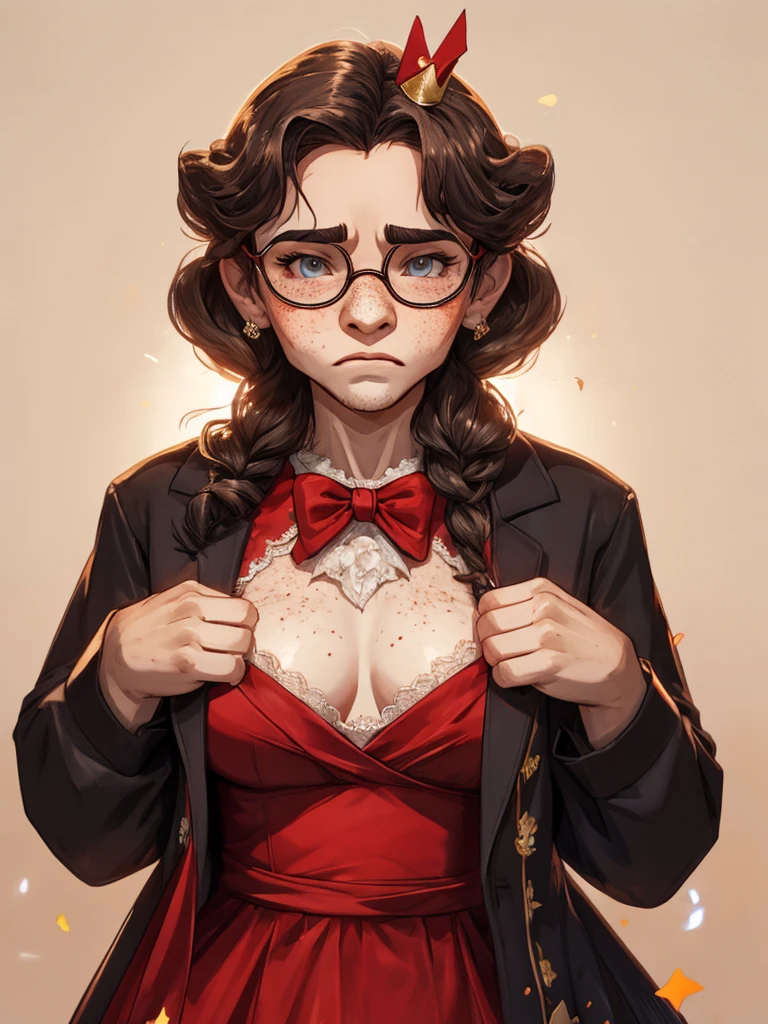 (ugly face female) , (Freckles on face:0.9) , Ugly expression , shy geek , perfect beautiful body , Too much exposed skin luxury party dress , clothed erotica , Chest protrusion