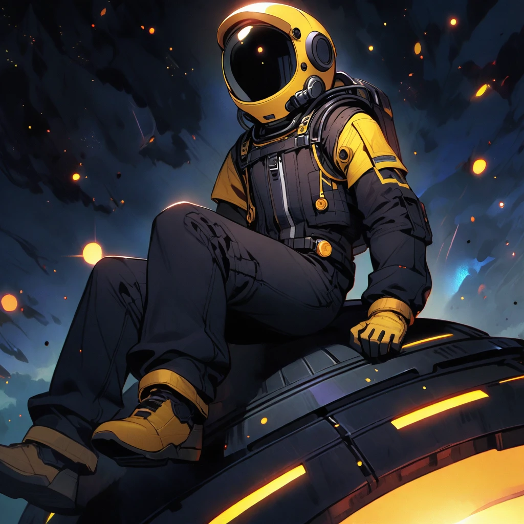 (well done:1) man, black astronaut costume with yellow details.  sitting on top of a space base