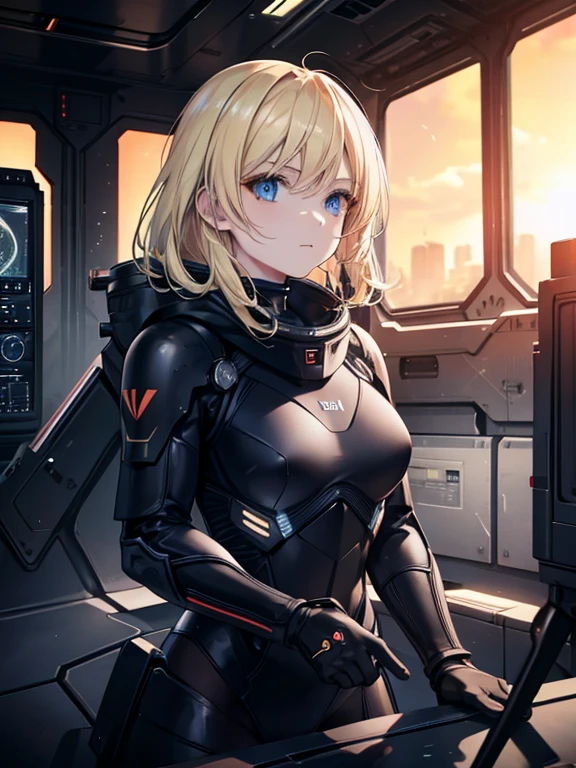 1 european woman in combat clothes,detailed beautiful face,blonde hair,black battle suit, sci-fi,in spaceship,highres,