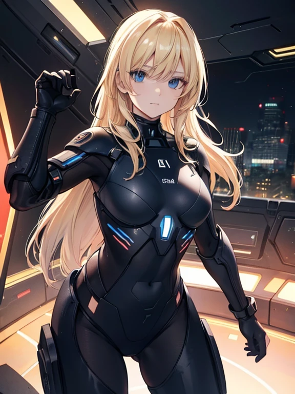 1 european woman in combat clothes,detailed beautiful face,blonde hair,black battle suit, sci-fi,in spaceship,highres,