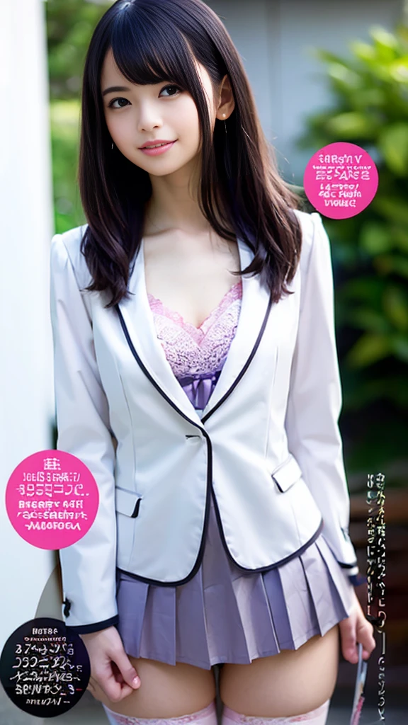 (pantiesを見せつけている女子高校生ひとり)、((Lift up your skirt))、(panties Panty shot)、(White blazer Pale purple pleated skirt)、Front low angle:1.5、(pantiesを見せつけている)、((Masterpiece、Highest quality、Highest quality)), (Super detailed), (8K ),Raw color photography, Professional photography, Great face and eyes, Skinny、Model Style、Outdoor、(pantiesに光が当たる)、Pink Hair、(Small breasts:1.3)、Earrings、、Thin thighs、Tiny and slim waist、Happy Smile、Wet、pantiesを見せつけながらポーズ、Age 25、