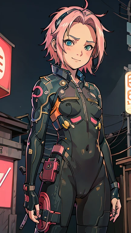 (8k),(masterpiece),(Japanese),(),((innocent look)),((Childish)),From the front,smile,cute,Innocent,Kind eyes,Flat chest,Hairless vagina, Cameltoe, Haruno Sakura wearing Cyberpunk Bodysuit uit,Short,Hair blowing in the wind,light pink Hair,Strong wind,night,dark, Neon light cyberpunk Konoha Village 