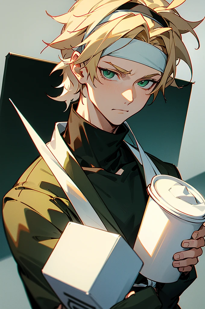 1male , White Headband , Blonde Messy Hair , Green Eyes , Black Turtleneck , Holding a White Styrofoam Cup, Calm Expression , Perfect Generation , Masterpiece Quality
