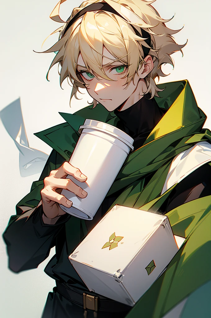 1male , White Headband , Blonde Messy Hair , Green Eyes , Black Turtleneck , Holding a White Styrofoam Cup, Calm Expression , Perfect Generation , Masterpiece Quality