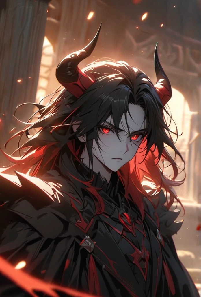 (solo), Demon lord, masculine, black hair, messy hair, mane hair, medium hair, A man bun with long hair, dense hair, wild hair, expressive hair, mature,(25 year old), pale skin, red eyes, ((man)), wearing a black robe, black armor, black demon horns,, serious, handsome, attractive, eye reflection, depth of field, thunder aura,cinematic lighting, ray tracing, depth of field, cinematic lighting, ray tracing, UHD, high details, best quality, highres, high quality, award winning, super detail, masterpiece, 8k, UHD, high details, best quality, highres, high quality, award winning, super detail, masterpiece, 8k, digital art, anime coloring, full body, body shot, good face, perfect face, detailed face, good eyes, sitting on a throne