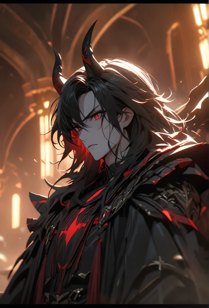 (solo), Demon lord, masculine, black hair, messy hair, mane hair, medium hair, A man bun with long hair, dense hair, wild hair, expressive hair, mature,(25 year old), pale skin, red eyes, ((man)), wearing a black robe, black armor, black demon horns,, serious, handsome, attractive, eye reflection, depth of field, thunder aura,cinematic lighting, ray tracing, depth of field, cinematic lighting, ray tracing, UHD, high details, best quality, highres, high quality, award winning, super detail, masterpiece, 8k, UHD, high details, best quality, highres, high quality, award winning, super detail, masterpiece, 8k, digital art, anime coloring, full body, body shot, good face, perfect face, detailed face, good eyes, sitting on a throne