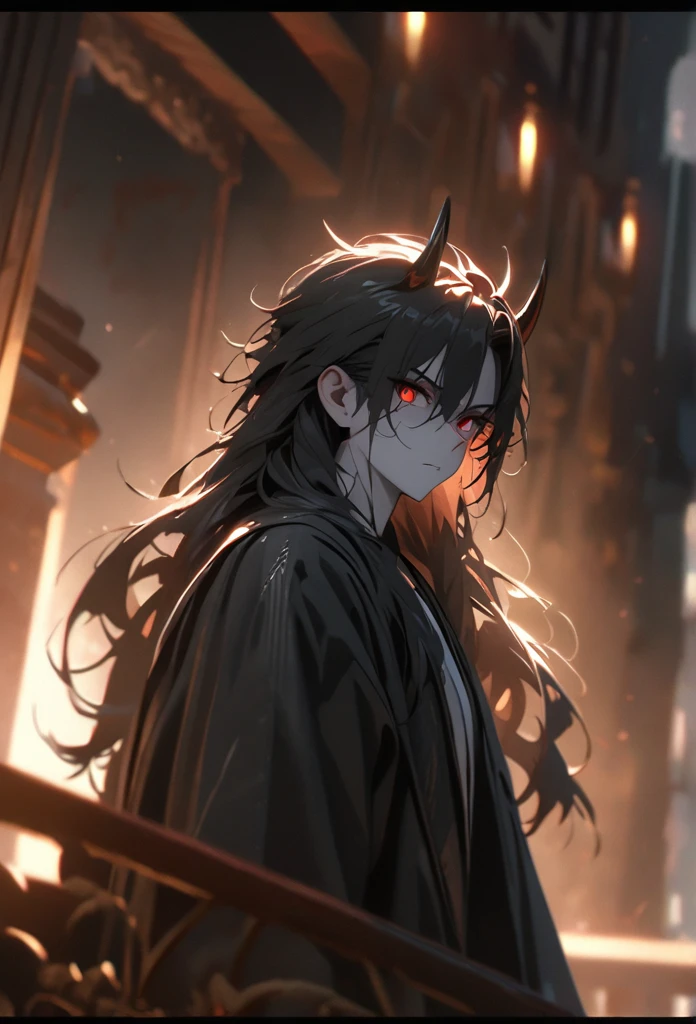 (solo), masculine, black hair, messy hair, mane hair, long hair, dense hair, wild hair, expressive hair, mature,(25 year old), pale skin, red eyes, ((man)), wearing a black robe, black demon horns,, serious, handsome, attractive, eye reflection, depth of field, thunder aura,cinematic lighting, ray tracing, depth of field, cinematic lighting, ray tracing, UHD, high details, best quality, highres, high quality, award winning, super detail, masterpiece, 8k, UHD, high details, best quality, highres, high quality, award winning, super detail, masterpiece, 8k, digital art, anime coloring, full body, body shot, good face, perfect face, detailed face, good eyes, sitting on a throne