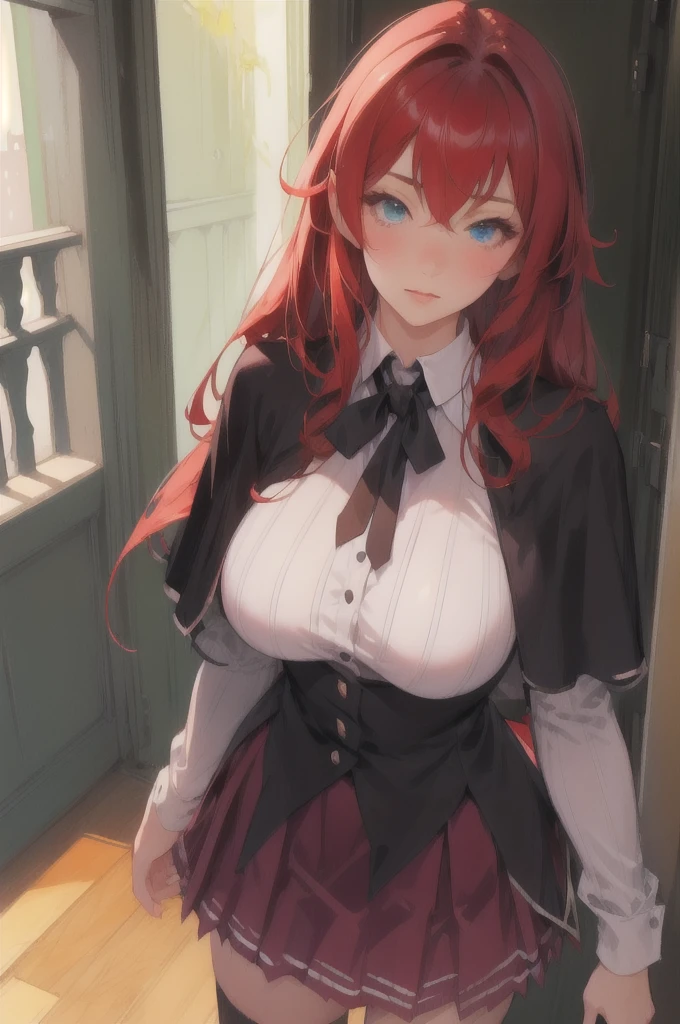 masterpiece, best quality, high quality, highres, outdoors, day, upper body, looking at viewer, solo, focused, BREAK, ANIME_DxD_Rias_Gremory_ownwaifu, 1girl, bangs, long hair, red hair, breasts, large breasts, rias gremory, blue eyes, hair between eyes, very long hair, collarbone, hair intakes, hair over breasts, black capelet, black corset, collared shirt, kuoh academy , layered skirt, underbust, , skirt, shirt, long sleeves, purple skirt, ribbon, miniskirt, neck ribbon, thighhighs, black ribbon,