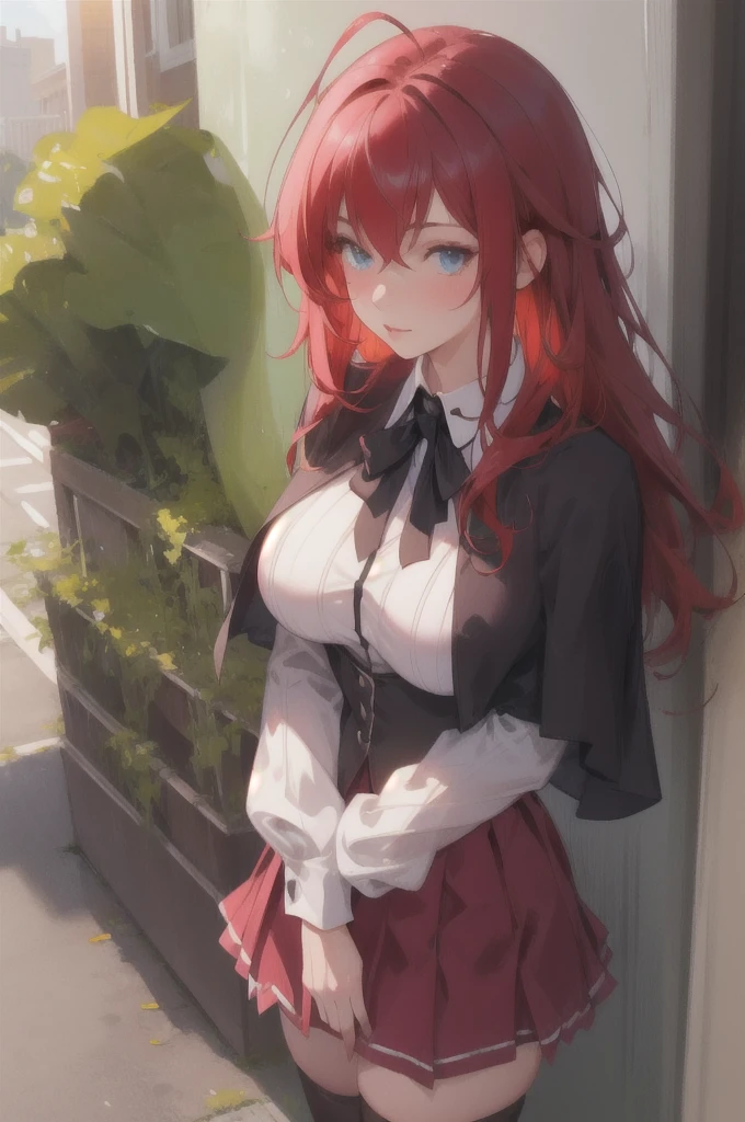 masterpiece, best quality, high quality, highres, outdoors, day, upper body, looking at viewer, solo, focused, BREAK, ANIME_DxD_Rias_Gremory_ownwaifu, 1girl, bangs, long hair, red hair, breasts, large breasts, rias gremory, blue eyes, hair between eyes, very long hair, collarbone, hair intakes, hair over breasts, black capelet, black corset, collared shirt, kuoh academy , layered skirt, underbust, , skirt, shirt, long sleeves, purple skirt, ribbon, miniskirt, neck ribbon, thighhighs, black ribbon,
