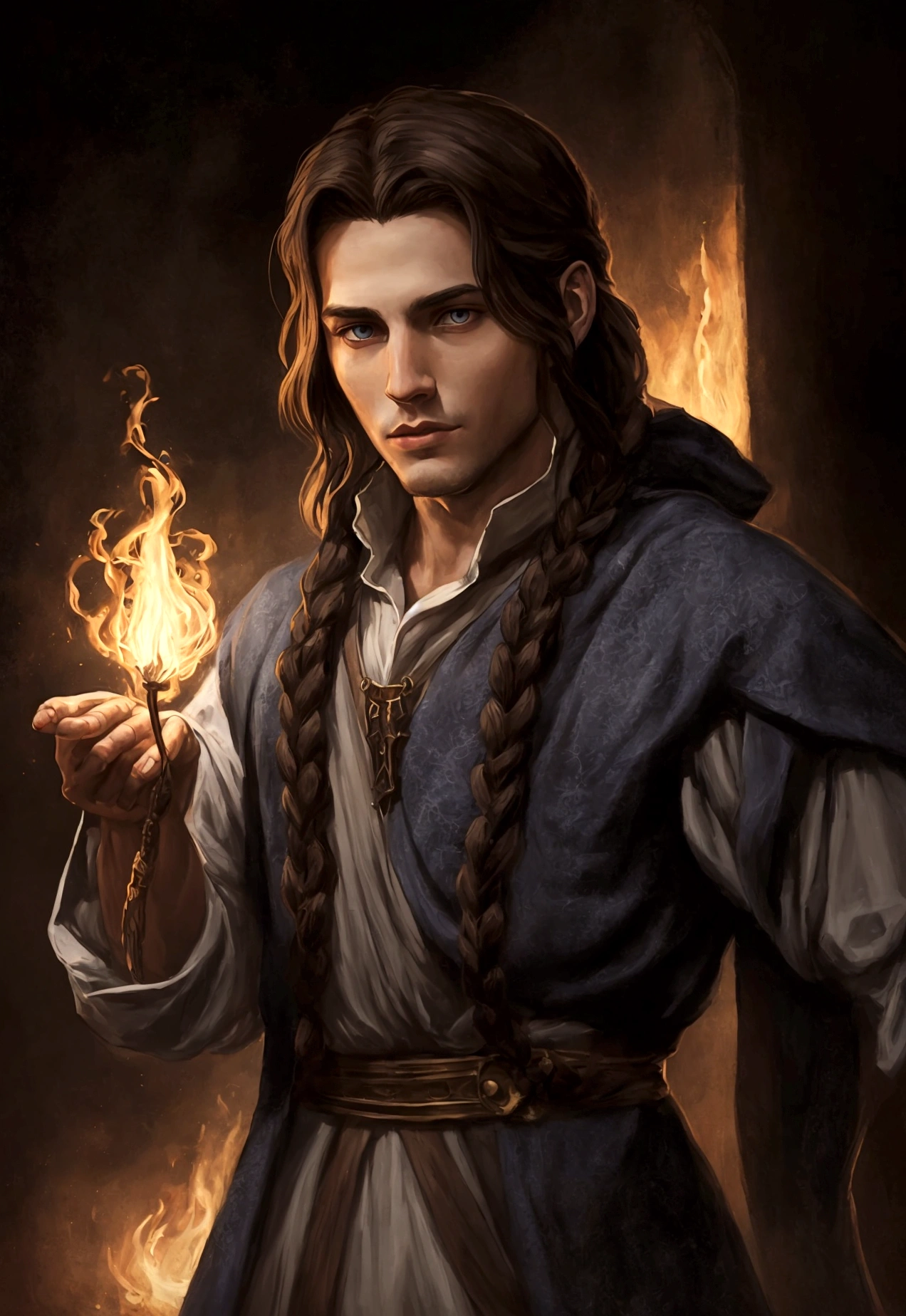 portrait art, young sorcerer, half a turn, brown hair with one waist-length braid, no beard, grey eyes, medieval era fantasy