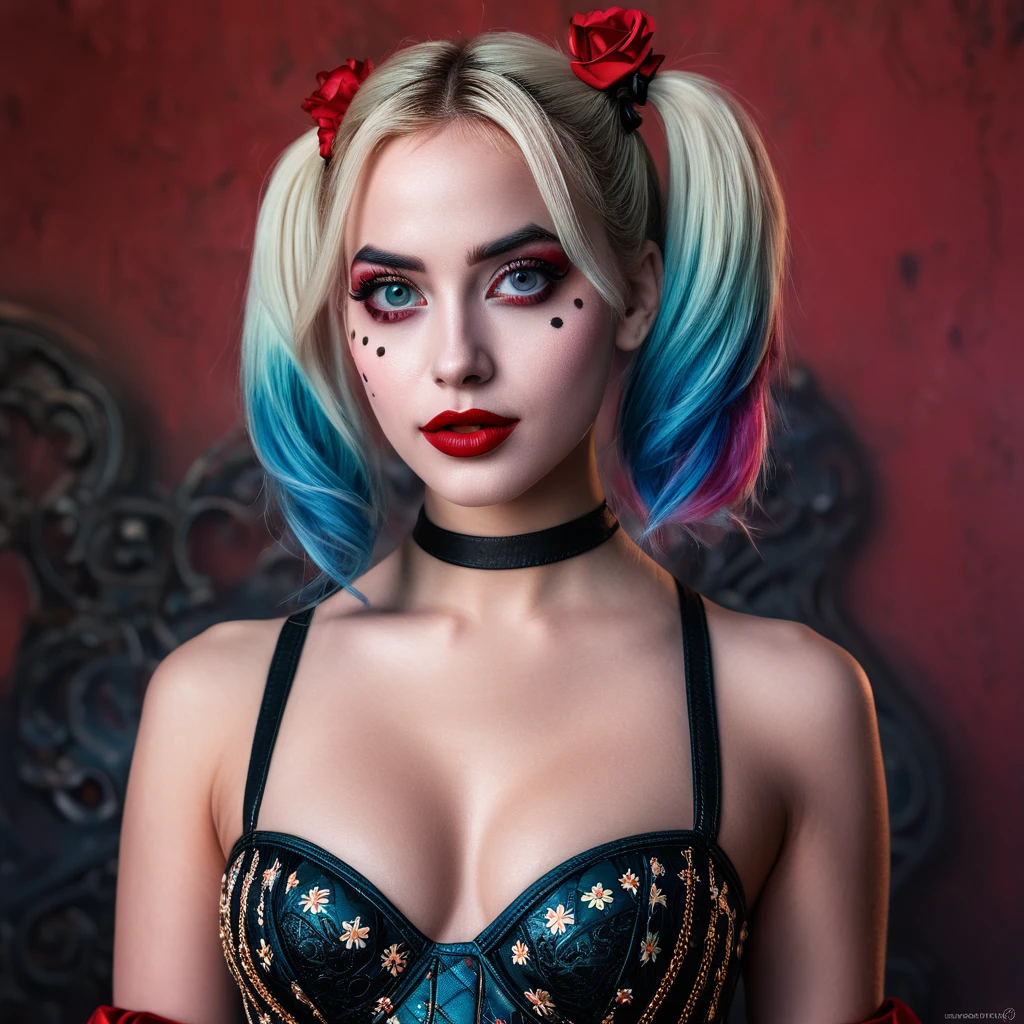 Harley Quinn, core_9, score_8_above, score_7_above, 1girl, realistic, blonde long hair with bangs, blue_eyes, realistic skin texture, detailed picture, upper_body, HD32k, royal_garden, medieval_castle, elegant_green_dress, off_shoulder_dress, moonlight, night, fullmoon, red_lips, parted_lips, fangs, fang