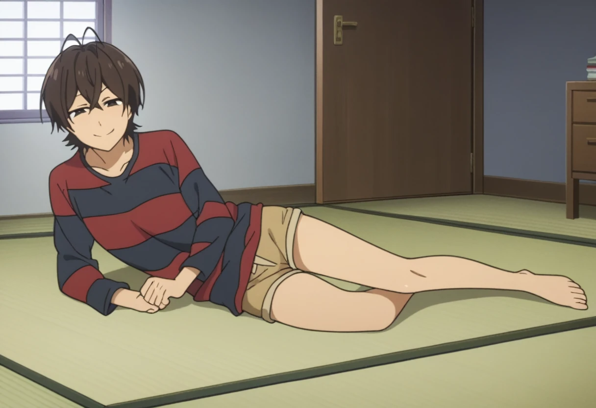 score_8_up, score_7_up, score_6_up, source anime, anime screencap, miwa, striped shirt, bottomless,ass, one leg up, tatami mat, indoors, living room, looking at viewer, smile, open mouth, lying on stomach, reading magazine, butt,