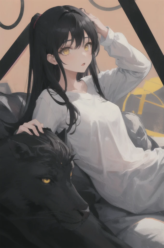 1girl, one girl, Black hair, yellow eyes, black pijamas, gray background, 