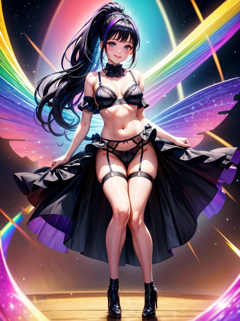 Highest quality,Highest Resolution,4K quality,Smiling beautiful girl,Full body close-up,Starry Eyes,Black hair ponytail,,Iridescent Bra,High leg,Rainbow garter belt,Rainbow colored knee-high stockings,Dark bedroom at night,Iridescent underwear,Standing posture,
