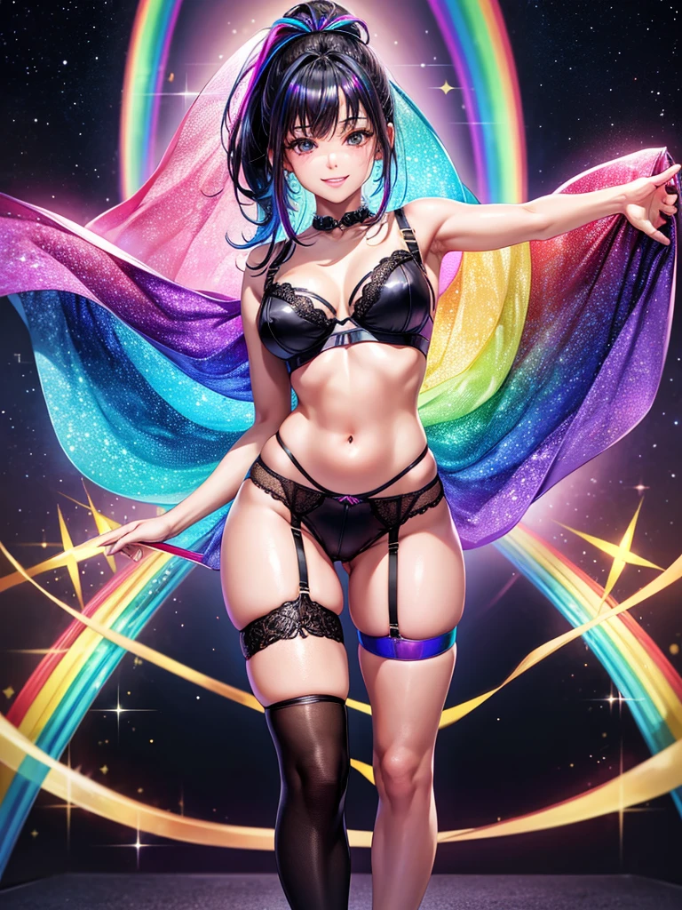 Highest quality,Highest Resolution,4K quality,Smiling beautiful girl,Full body close-up,Starry Eyes,Black hair ponytail,,Iridescent Bra,High leg,Rainbow garter belt,Rainbow colored knee-high stockings,Dark bedroom at night,Iridescent underwear,Standing posture,