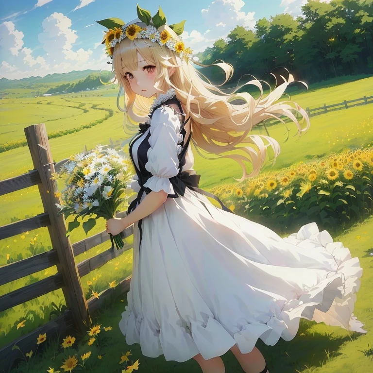 anime girl in a white dress with a flower crown walking by a fence, in dress, marisa kirisame, anime visual of a cute girl, beautiful maiden, beautiful sunflower anime girl, lolin, official art, cute anime waifu in a nice dress, guweiz on pixiv artstation, beautiful anime art, official artwork, lolish