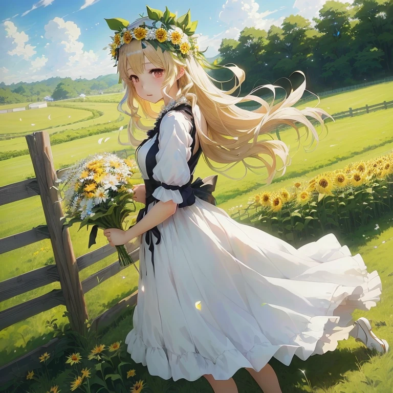 anime girl in a white dress with a flower crown walking by a fence, in dress, marisa kirisame, anime visual of a cute girl, beautiful maiden, beautiful sunflower anime girl, lolin, official art, cute anime waifu in a nice dress, guweiz on pixiv artstation, beautiful anime art, official artwork, lolish