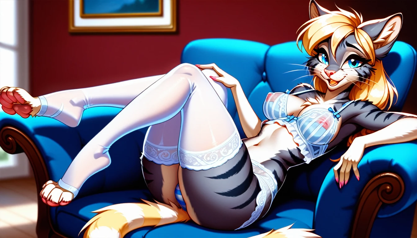Solo, score_9, score_8_up,score_7_up, source_furry, Kat, Anthro furry feline girl, tall body, hourglass figure, adult female, blue eyes, silver fur, blonde hair with pony tail, (striped tail), white whiskers, pink nose, wearing elastic underwear, translucent lingerie, ((paws in sexy stockings) (fully covered legs in stockings)), she is smiling, mouth open, looking relieved, sitting on a armchair, indoors, at hall, nsfw:1.5, (cums on legs)