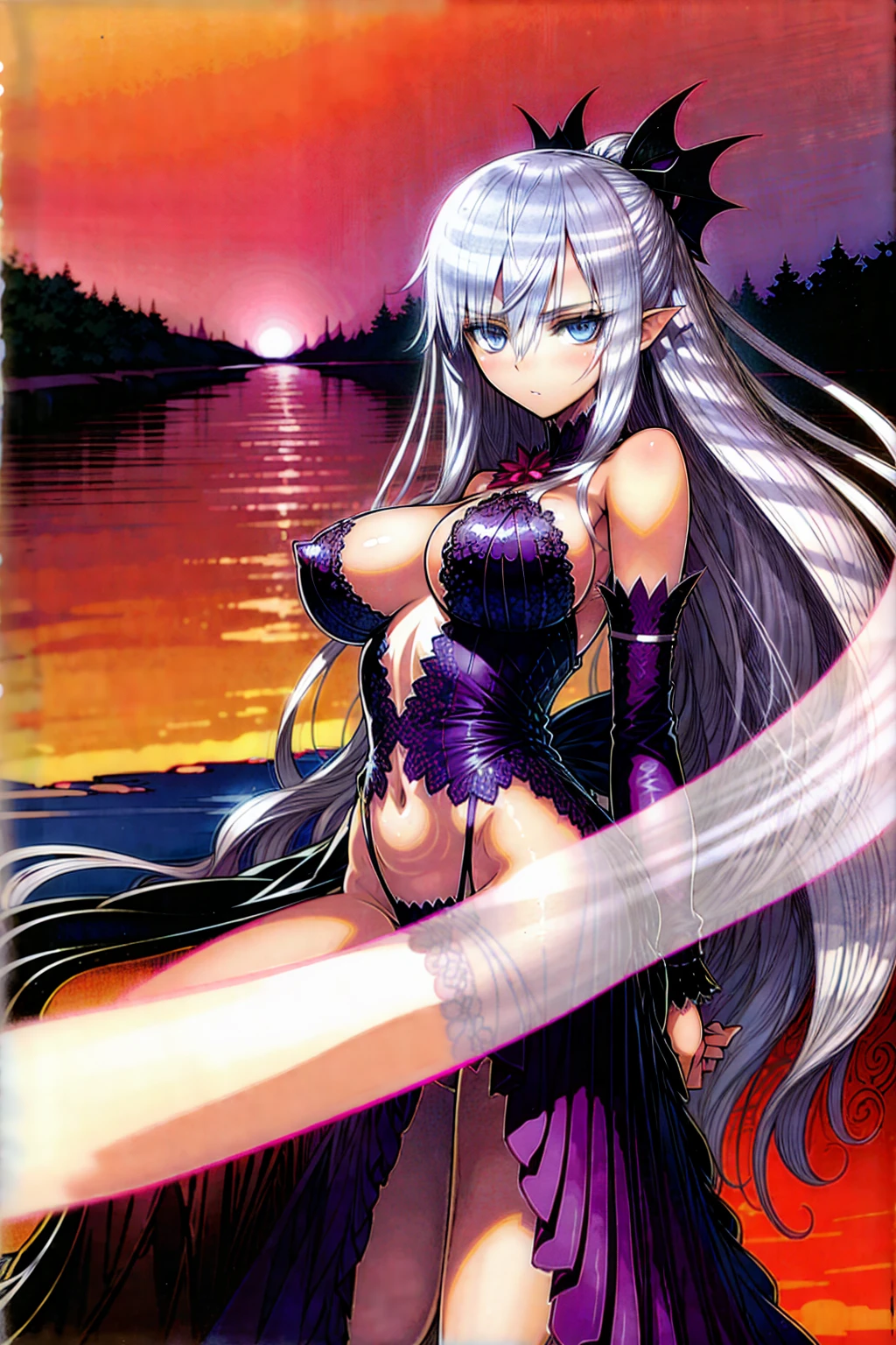 ((1 demoness))), ((blue eyes)), ((long silver hair)), large breasts, curvy hips, perfectly drawn body, seductive, white lingerie, adorned with blue roses, best quality, masterpiece, ultra-detailed