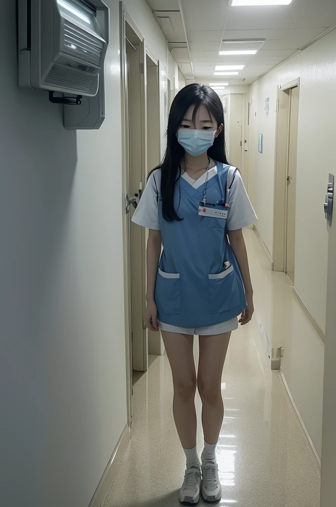 Korean teenager alone in a hospital hallway being seen through a security camera 