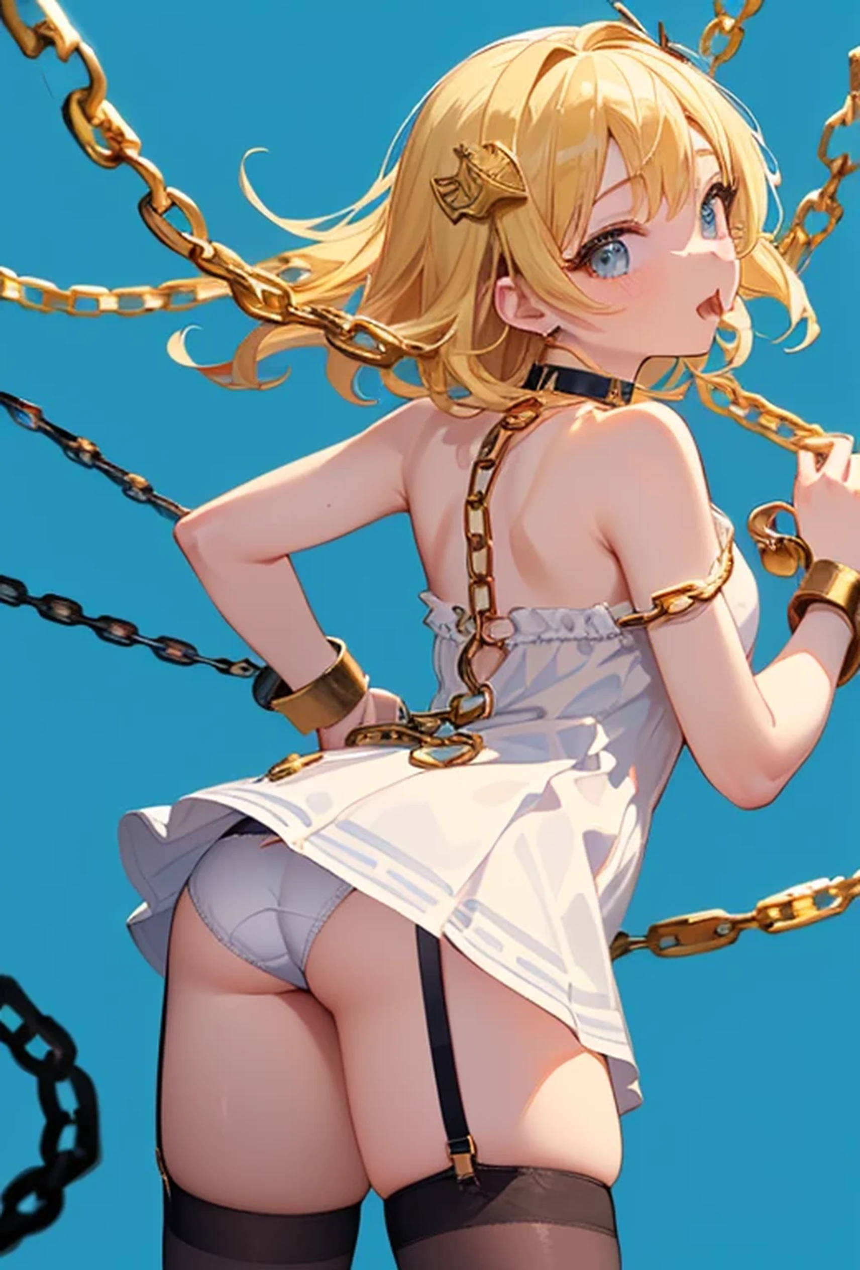 (Photorealistic:1.8, Highest quality:1.8,8K Masterpiece:1.8、Super detailed、Ultra-high resolution、Detailed Background)、((Flat Color))、((colorful))、Multicolored lighting、((Floating colorful water))、Blue background、
Bound Princess、Random Pause、(Chained、Golden Chain、Chained to the body、Chained first round、handcuffs、shortage々Shii:1.4)、Random Sexy Poses、Turn around、Angle from behind、
(Medium Hair、Blonde Hair、hair ornaments、choker)、(Mini Dress、choker、Knee-high stockings、garter belt、White biting panties)、Beautiful hip line、TWICE's Tzuyu' on pause、Beautiful blue eyes、Beautiful lips、(A rich expression、smile)