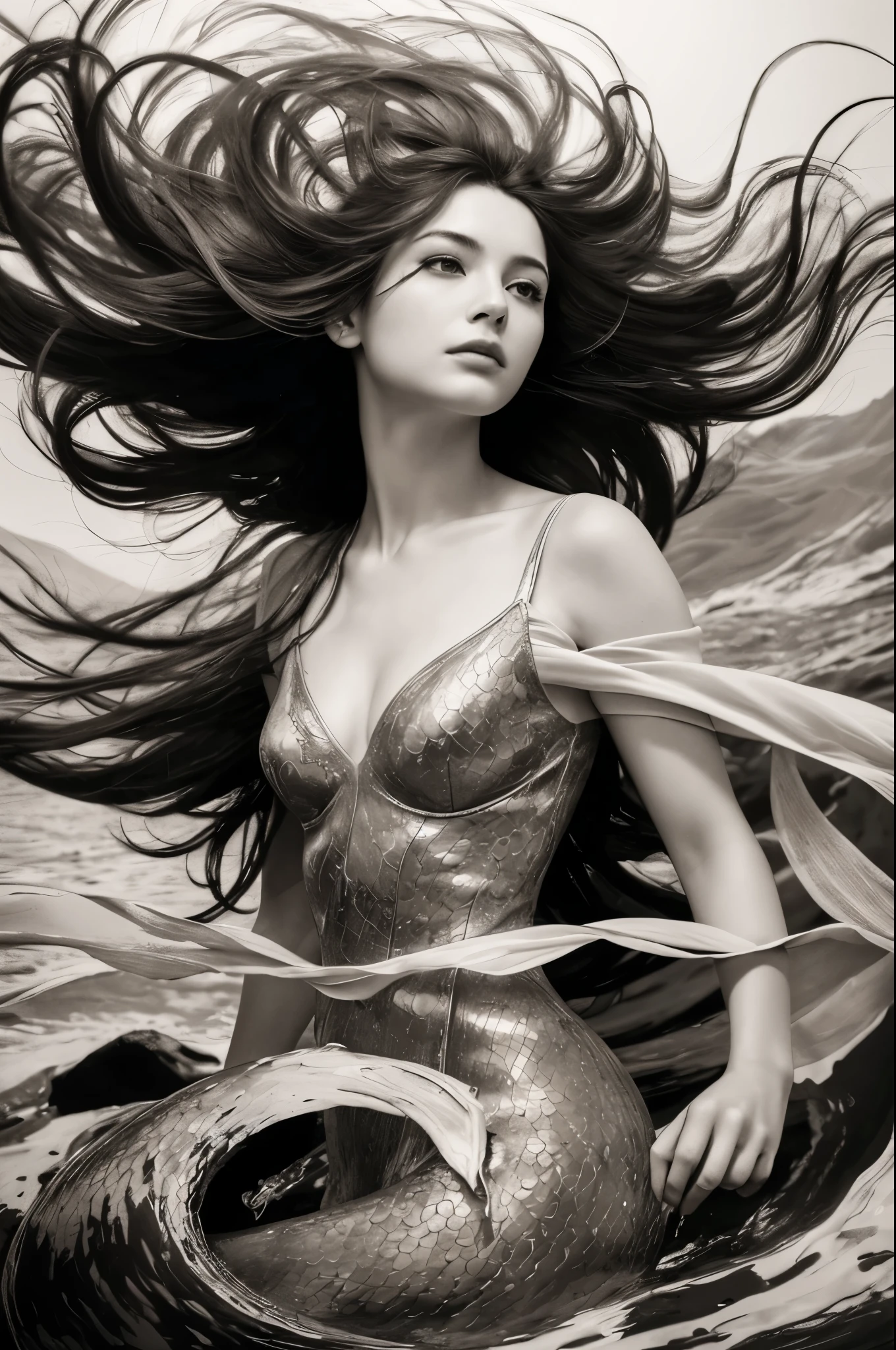 (best quality,ultra-detailed,realistic,ink drawing:1.2),wind-blown hair,woman,((Ashley Wood style)),female figure,expressive eyes,gently flowing dress,graceful pose,subtle shading,striking composition,dynamic lines,vibrant ink strokes,contrasting light and shadow,intricate details,artistic flair,monochrome palette,emotionally charged,subdued background,fine art quality,mesmerizing beauty,hint of mystery,atmospheric ambiance,whimsical elements,depth and texture,ethereal aura,sophisticated elegance,impeccable craftsmanship,skillful ink work,thought-provoking,imagination-stirring,unforgettable impression,ink on paper effect,organic and fluid,unique visual style,touched by artistic genius,intense and captivating,classic yet contemporary,visually stunning composition best quality,4k,8k,highres,masterpiece:1.2,ultra-detailed,photorealistic,advertising poster,mermaid,storm,monochromatic,harrowing,contrasting colors,dynamic lighting,water reflections,striking composition,dramatic atmosphere,mysterious concept