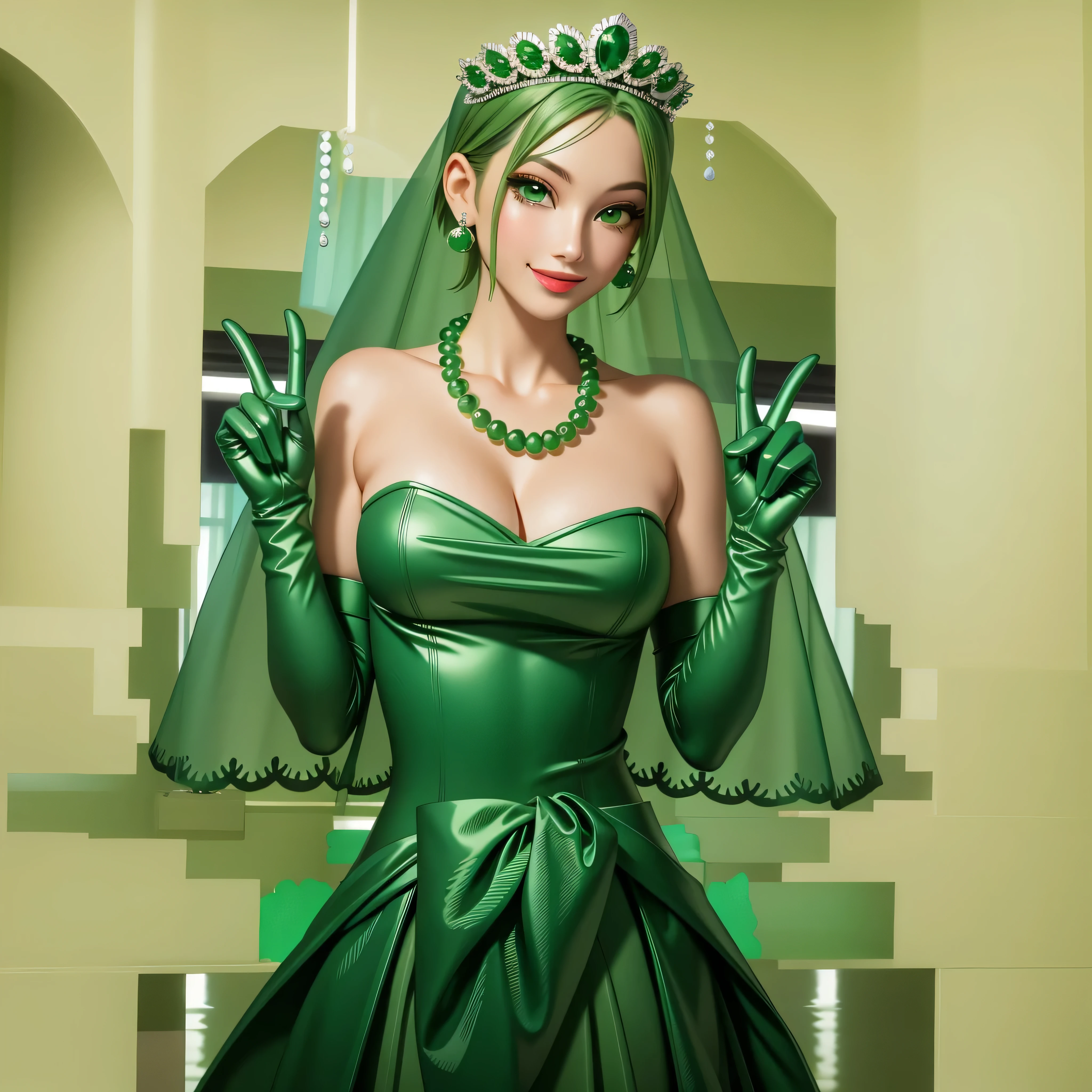emerald tiara, Green Pearl Necklace, Boyish very short green hair, Green Lips, Smiling Japanese woman, Very short hair, Busty beautiful lady, Green Eyes, Green satin long gloves, Green Eyes, Emerald Earrings, Green veil, Vsain, Green Hair, Beautiful Japanese Women, green lip gloss
