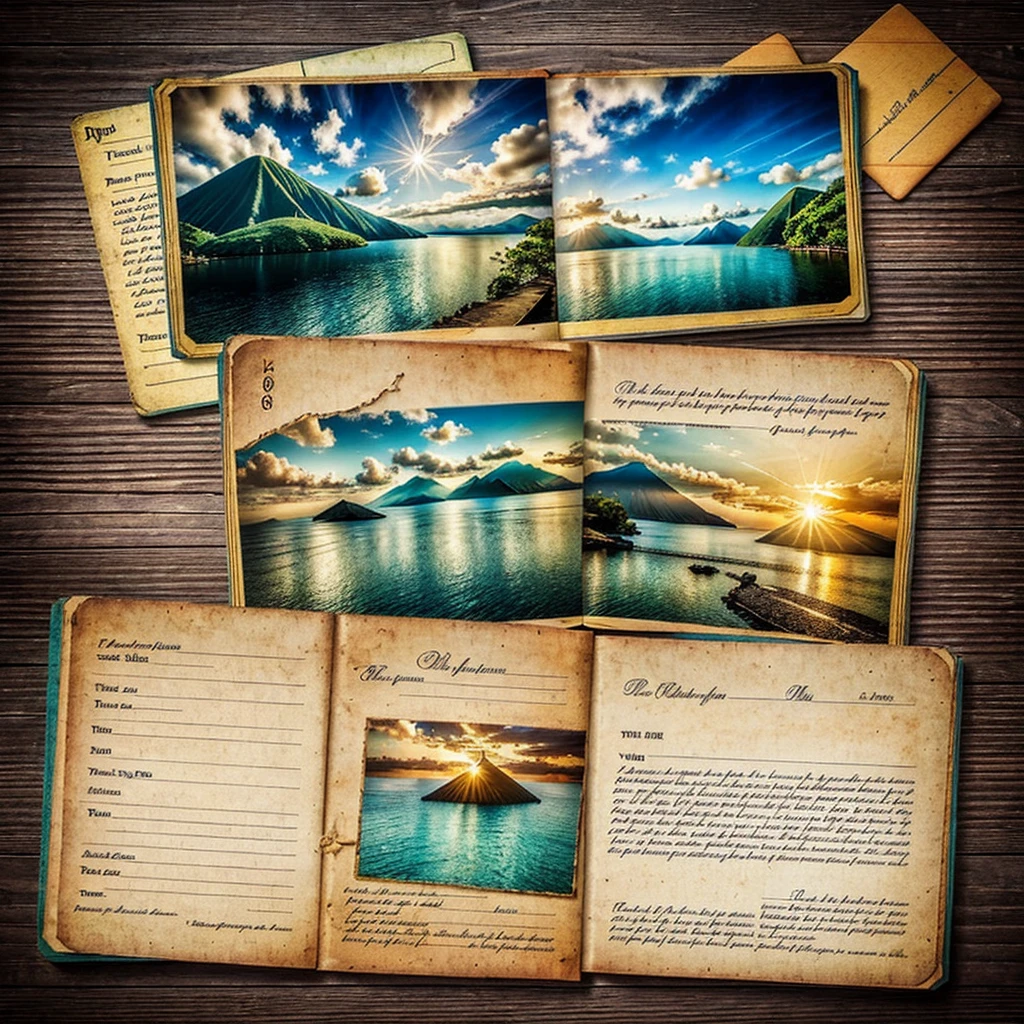 make a pict of Vintage background with old post cards and empty open book, write on book : TERNATE on up side, realistic, 64k, HDR