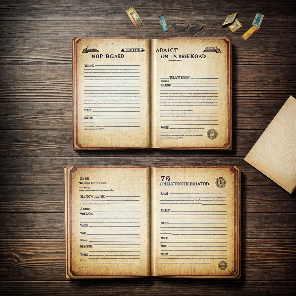 make a pict of Vintage background with old post cards and empty open book, write on book : TERNATE on up side, realistic, 64k, HDR