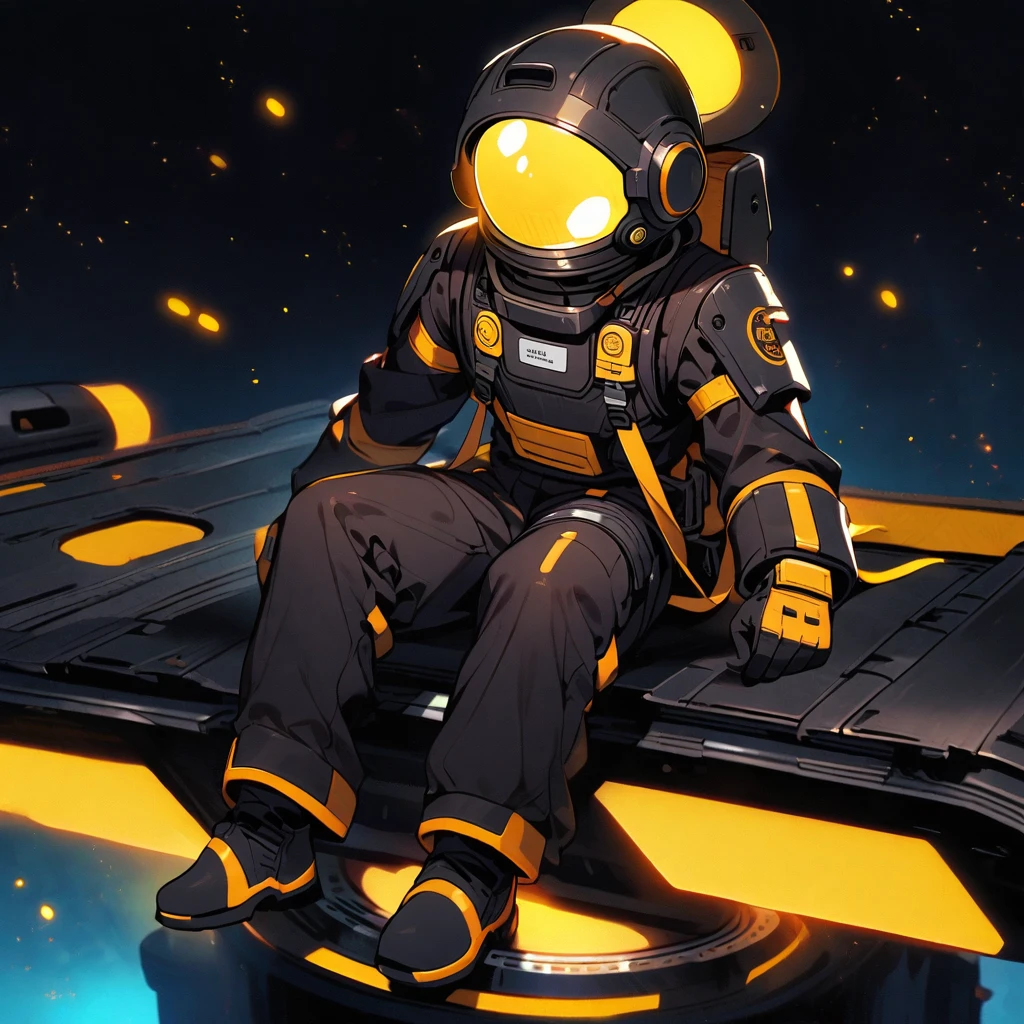 (well done:1) man, black astronaut costume with yellow details. sitting on top of a space base