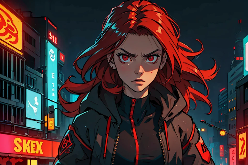 (masterpiece, best quality, Detailed), detailed face. A cinematographic scene of a serious badass long red hair girl, red eyes, with black techwear clothes, Neon lights and buildings background
