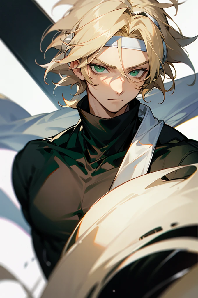 1male , White Headband , Blonde Messy Hair , Green Eyes , Black Turtleneck , Calm Expression , Perfect Generation , Young Male