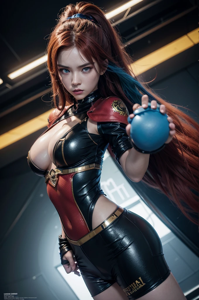 3d render poster featuring two exquisitely detailed corean female fighters. The first fighter has long, fiery red hair, blue eyes, and a captivating, full bust. She wears a tight, form-fitting outfit of white, black, and red with gold highlights. The second fighter has enchanting blue hair, green eyes, and an equally mesmerizing, full bust. Her outfit mirrors her companion's, showcasing the same striking colors and design. Both fighters are poised for an intense action scene, their poses drawing the viewer in. The 'REDRAGON FURY X' dragon logo is prominently displayed, along with the creator's signature 'Dragonsteel7'. The overall design is cinematic and eye-catching, making it the perfect poster to promote the movie., photo, poster, cinematic, 3d render, illustration, product, typography, anime, painting, fashion, architecture, dark fantasy, vibrant, portrait photography, conceptual art, 