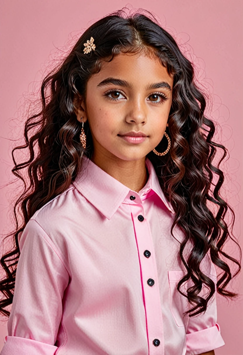 Young girl with tanned skin brown eyes long dark curly hair, wearing a baby pink shirt and black tailored pants, She wears three earrings in each ear and has a medium nose.