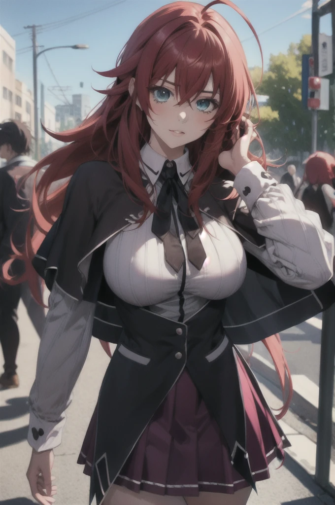 masterpiece, best quality, high quality, highres, outdoors, day, upper body, looking at viewer, solo, focused, BREAK, ANIME_DxD_Rias_Gremory_ownwaifu, 1girl, bangs, long hair, red hair, breasts, large breasts, rias gremory, blue eyes, hair between eyes, very long hair, collarbone, hair intakes, hair over breasts, black capelet, black corset, collared shirt, kuoh academy , layered skirt, underbust, , skirt, shirt, long sleeves, purple skirt, ribbon, miniskirt, neck ribbon, thighhighs, black ribbon,