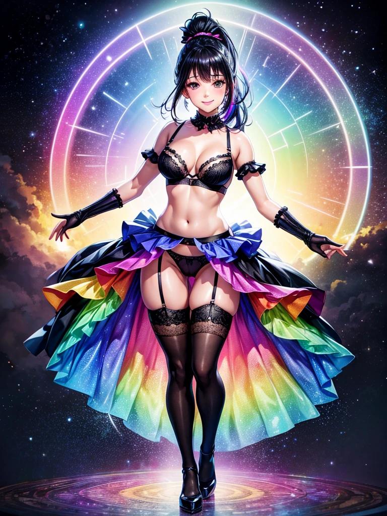 Highest quality,Highest Resolution,４K quality,Smiling beautiful girl,Full body close-up,Starry Eyes,Black hair ponytail,,Iridescent Bra,High leg,Rainbow garter belt,Rainbow colored knee-high stockings,Dark bedroom at night,Iridescent underwear,Standing posture,