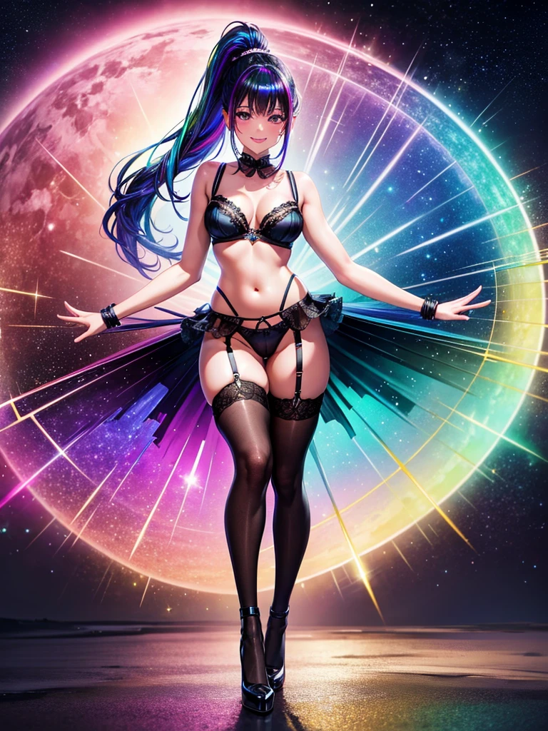 Highest quality,Highest Resolution,4K quality,Smiling beautiful girl,Full body close-up,Starry Eyes,Black hair ponytail,,Iridescent Bra,High leg,Rainbow garter belt,Rainbow colored knee-high stockings,Dark bedroom at night,Iridescent underwear,Standing posture,