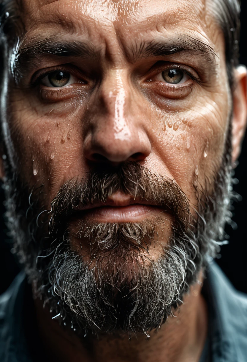 A documentary Photography of a captivating portrait of a 43 years old bearded man,rain drop,amazing skin details. Three-Quarter View, shot with Canon EOS 5D, (Cinematic Lighting,:1.3), golden ratio,art by Alberto Seveso, photorealistic, professional, RAW Photo, ultra detailed, RAW imagery, 8K, DSLR allure, meticulous detail, emotional, harmonious, 