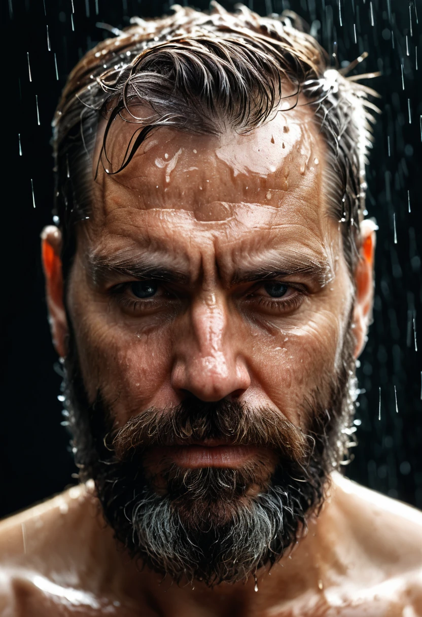 A documentary Photography of a captivating portrait of a 43 years old bearded man,rain drop,amazing skin details. Three-Quarter View, shot with Canon EOS 5D, (Cinematic Lighting,:1.3), golden ratio,art by Alberto Seveso, photorealistic, professional, RAW Photo, ultra detailed, RAW imagery, 8K, DSLR allure, meticulous detail, emotional, harmonious, 