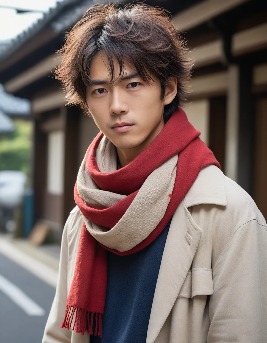 1man, perfect face, Young Japanese man wearing a red scarf and a somewhat old and worn brown jacket, best quality ,masterpiece, illustration, extremely detailed ,CG ,unity ,8k wallpaper, Amazing, finely detail, masterpiece,best quality,official art,extremely detailed CG unity 8k wallpaper,absurdres, incredibly absurdres, huge filesize, ultra-detailed, highres, extremely detailed, messy hair, japanese boy, japan young man, completely white t-shirt, battered red scarf, ryoma nagare, cream coat,18yo, 18 years old, age 18,